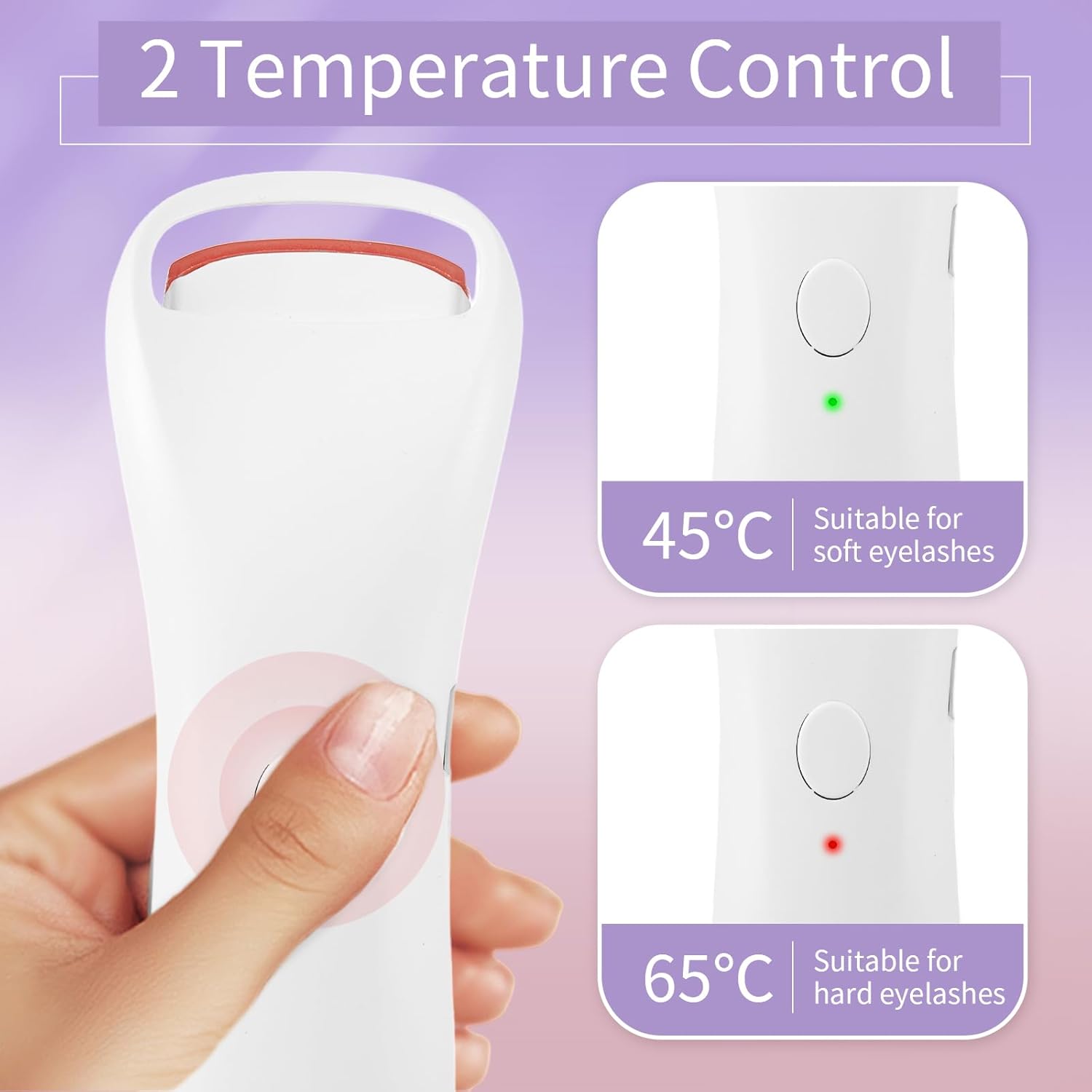 EsencialLuz – Rizador de Pestañas Eléctrico con Calor de Alta Precisión mostrando control de temperatura a 45°C y 65°C.