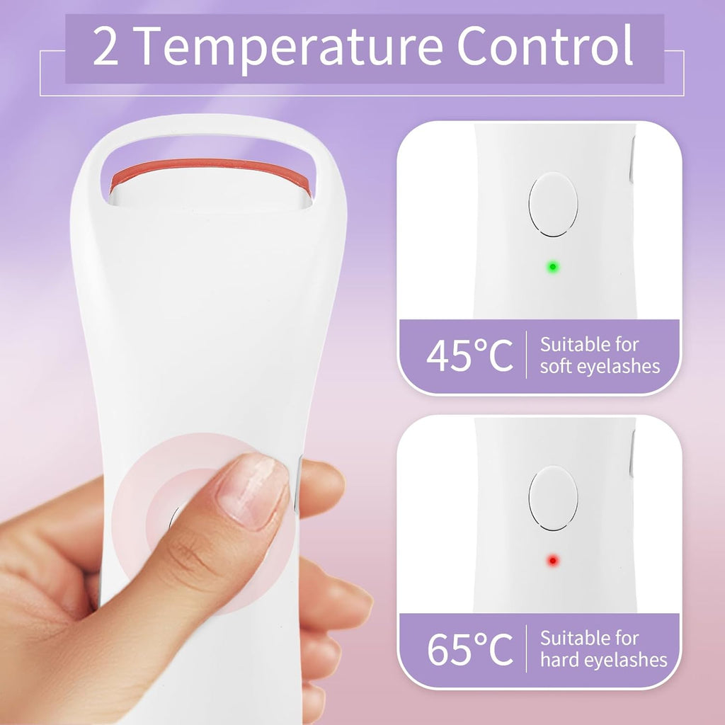 EsencialLuz – Rizador de Pestañas Eléctrico con Calor de Alta Precisión mostrando controles de temperatura para pestañas suaves y duras.