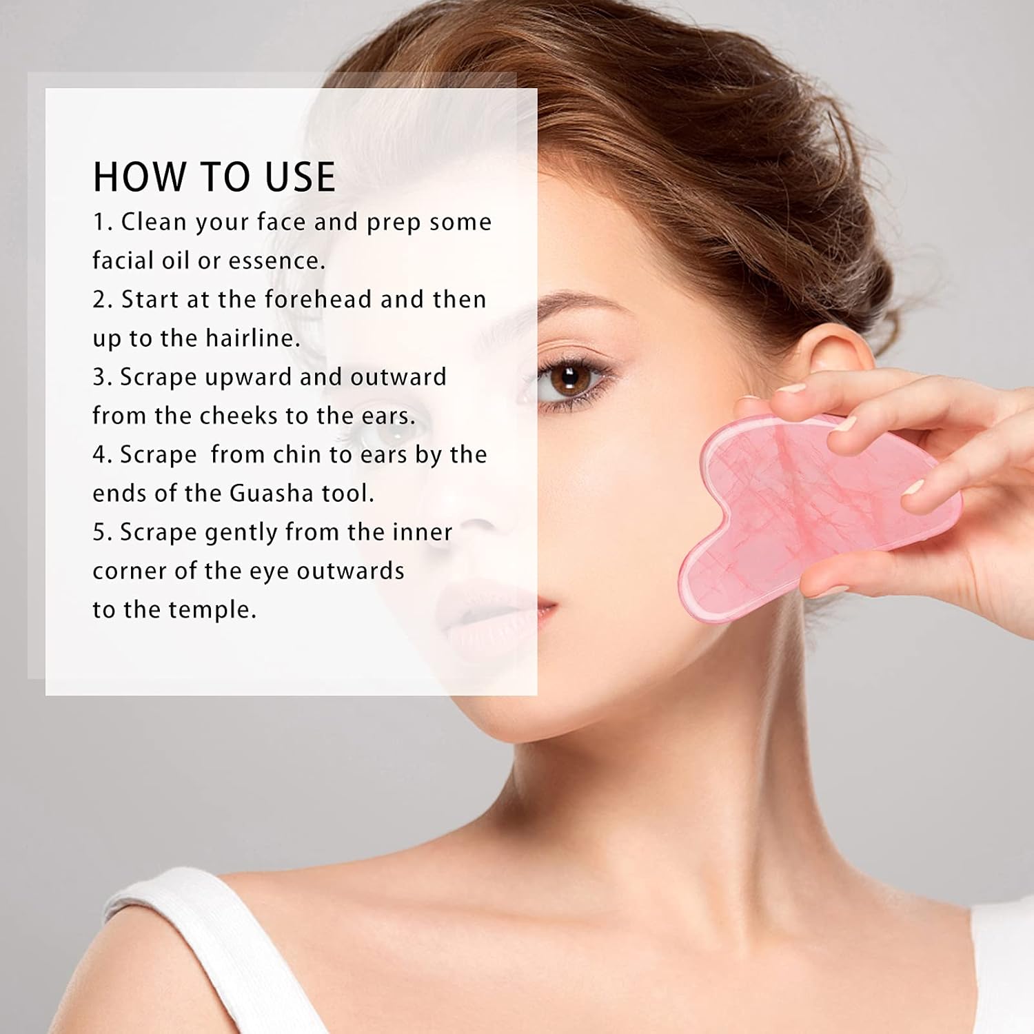 EsencialLuz – Piedra Gua Sha de Cuarzo Rosa para Masaje Facial, instrucciones de uso para hacer un masaje facial efectivo.