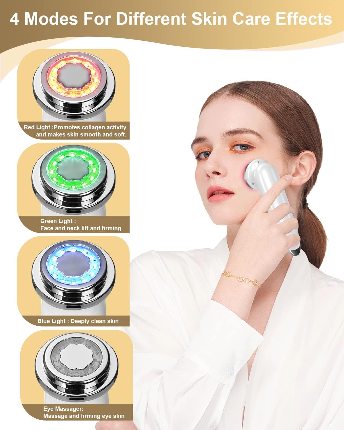 EsencialLuz – Dispositivo Facial de Terapia LED Multifunción con Masaje Reafirmante mostrando 4 modos de cuidado facial.