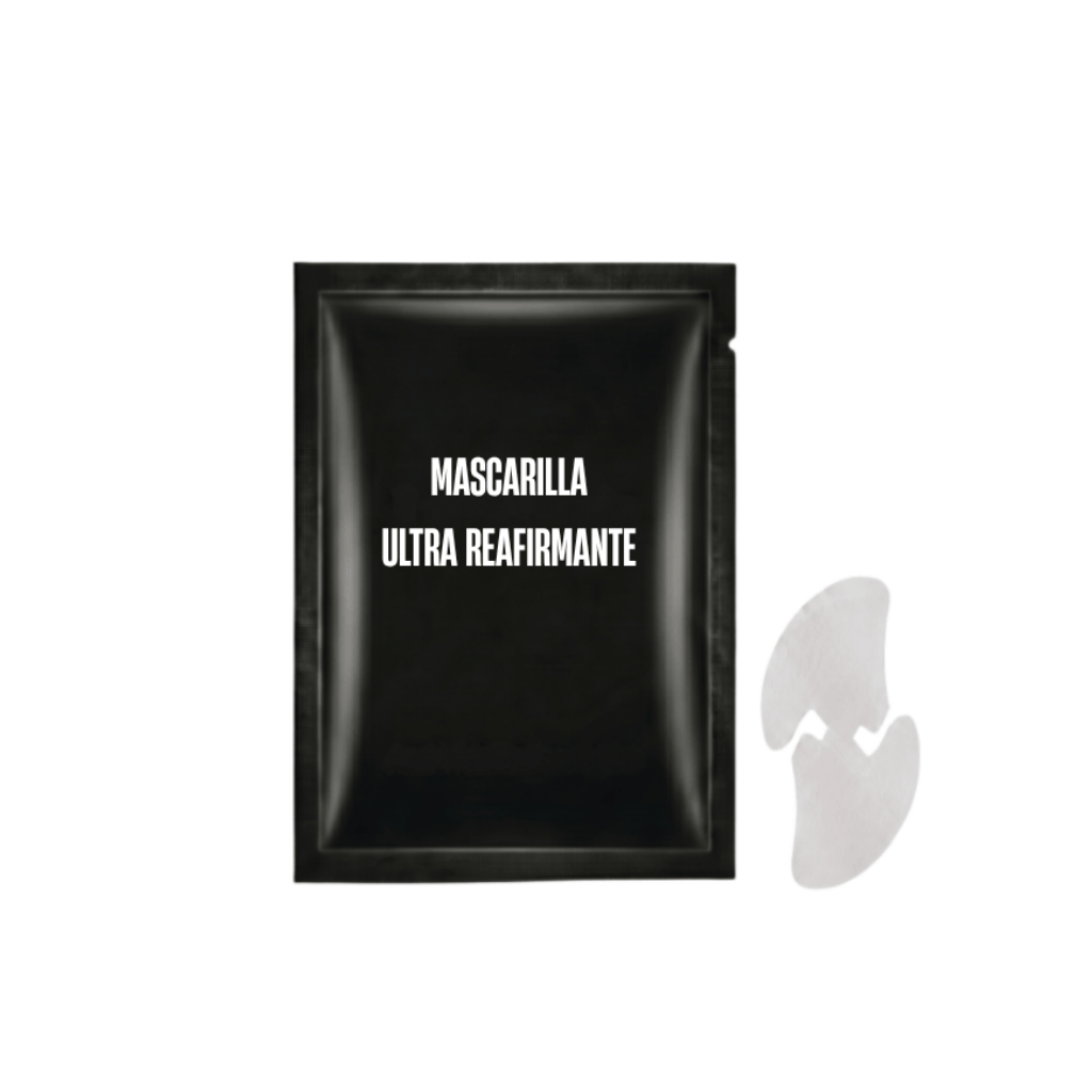Mascarilla ultra reafirmante envuelta en empaque negro con parches para elevar la rutina de cuidado de la piel.