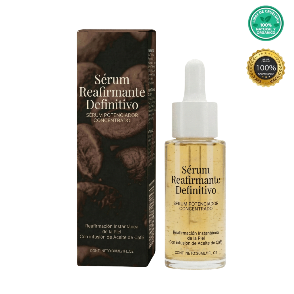 Sérum reafirmante definitivo en frasco con gotero, ideal para una piel suave y radiante.