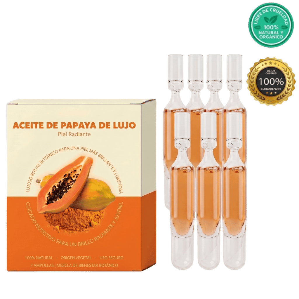 Aceite de Papaya de Lujo con ampollas para piel radiante y saludable, 100% natural y orgánico.