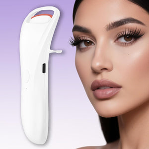 EsencialLuz – Rizador de Pestañas Eléctrico con Calor de Alta Precisión junto a una modelo con pestañas rizadas.