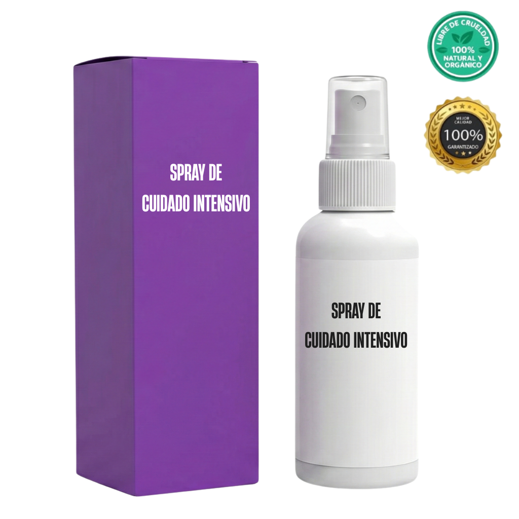 Spray de cuidado intensivo en envase blanco y caja morada, ideal para el pelaje de mascotas.
