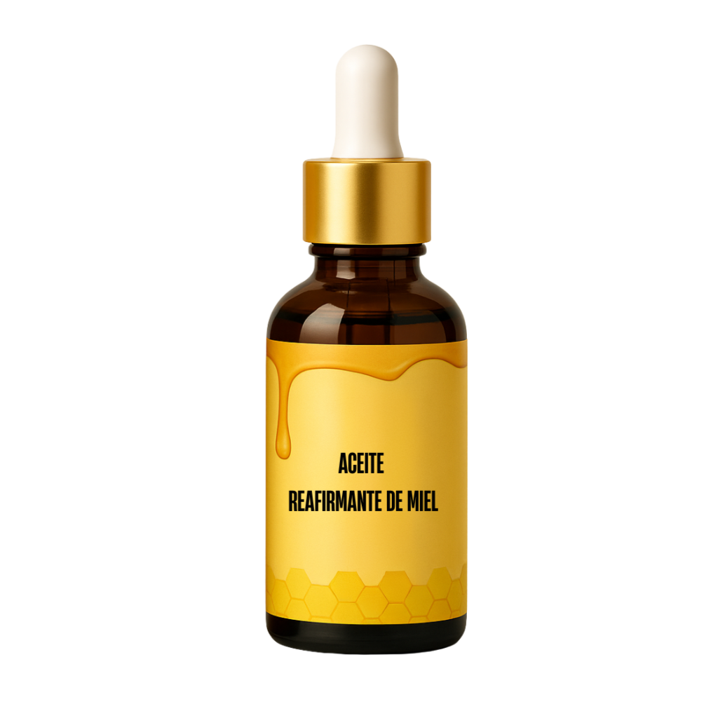 Aceite Reafirmante de Miel en frasco con gotero para cuidado de la piel hidratante y nutritivo.