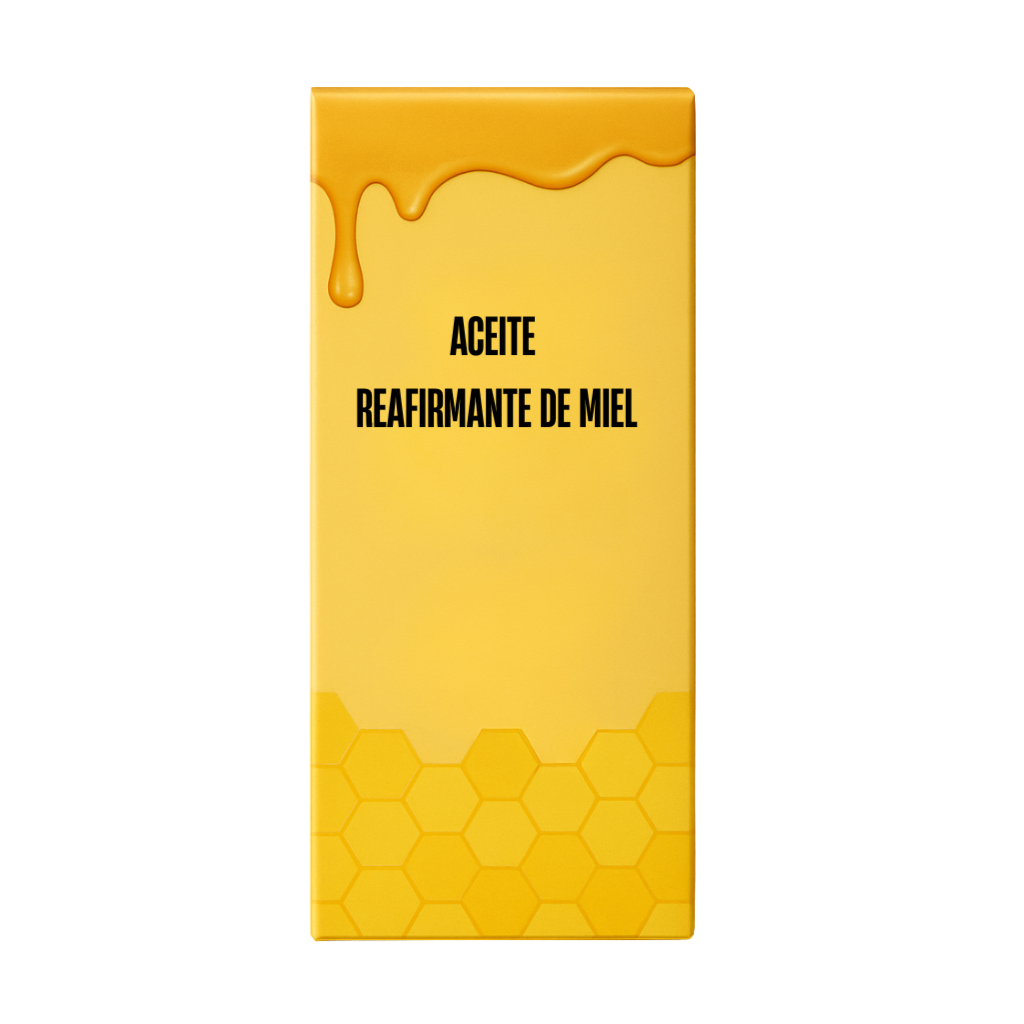 Envase del Aceite Reafirmante de Miel con diseño atractivo y colorido, ideal para el cuidado de la piel.