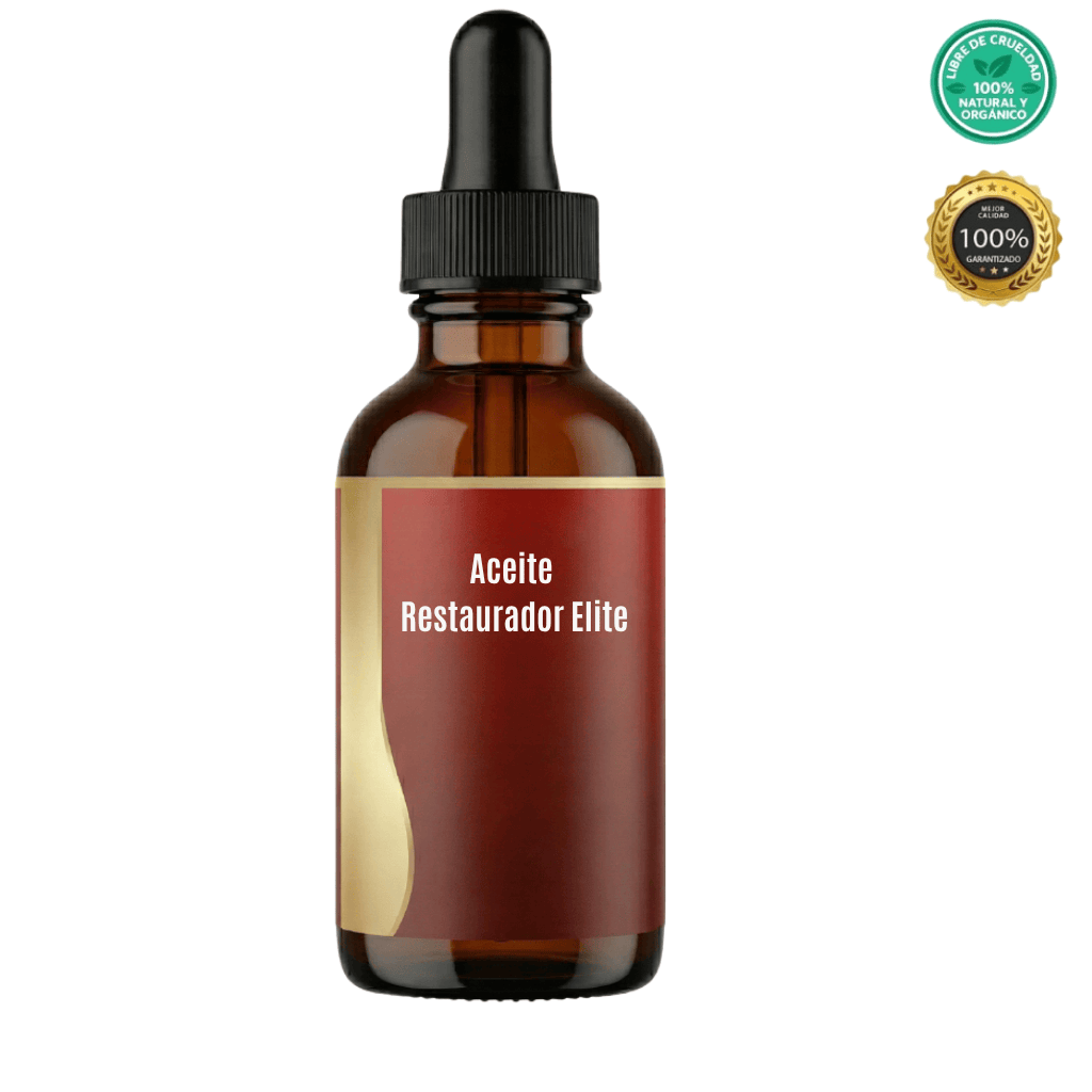 Botella de Aceite Restaurador Elite con gotero, producto para el cuidado diario de la piel.