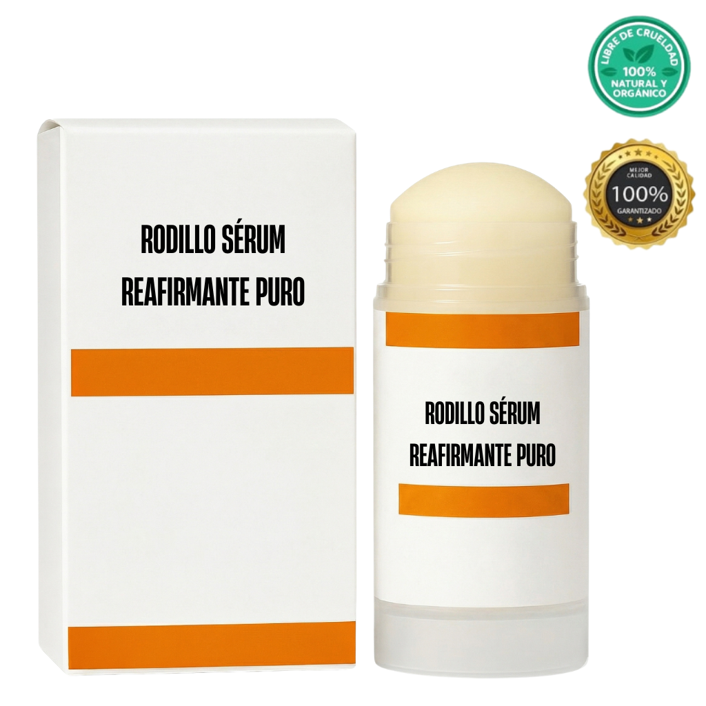 Rodillo sérum reafirmante puro, envase elegante con certificado orgánico para una piel más firme y fresca.