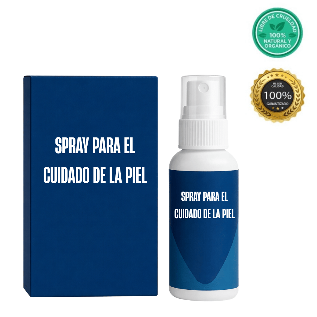 Spray para el cuidado de la piel en botella con caja azul, 100% natural y orgánico, ideal para la rutina de belleza.