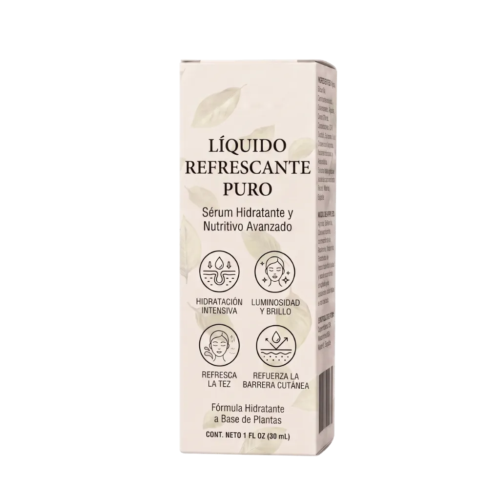 Envase del producto Líquido Refrescante Puro, sérum hidratante y nutritivo avanzado para el cuidado de la piel.