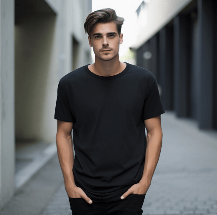 Hombre elegante con camiseta negra posando en un callejón moderno.