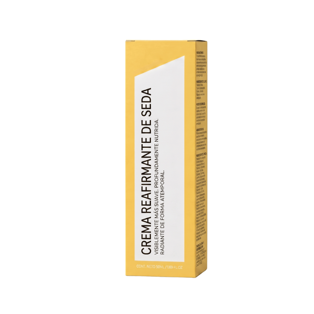 Presentación de Crema Reafirmante de Seda en su envase elegante y moderno, ideal para el cuidado de la piel.