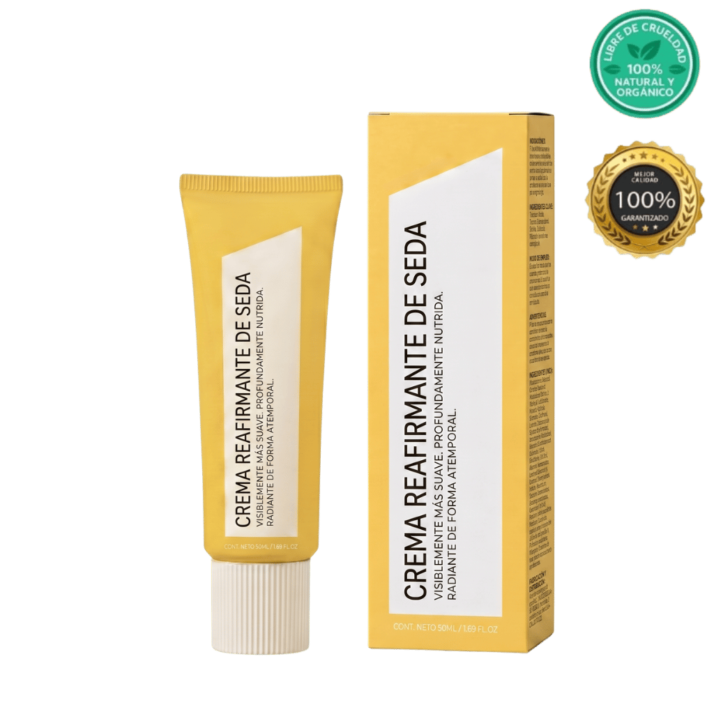 Crema Reafirmante de Seda en envase con diseño atractivo, ideal para mejorar la firmeza de la piel.