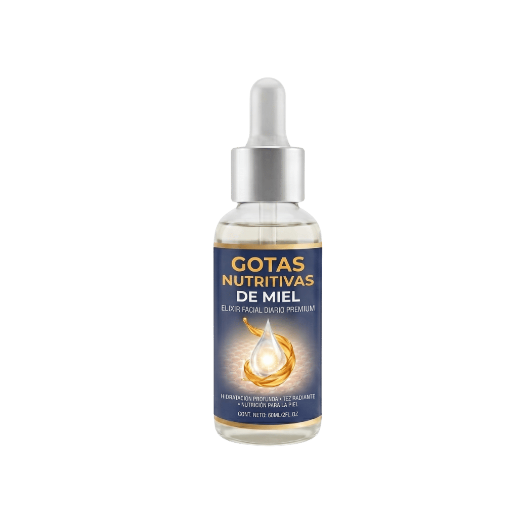 Gotas Nutritivas de Miel en frasco con gotero, elixir facial premium para piel suave y bien cuidada.