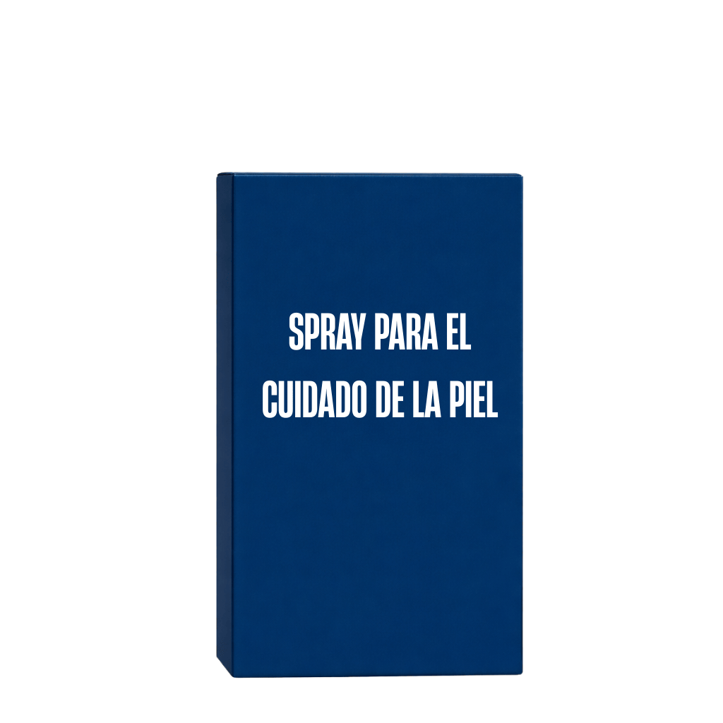 Caja de producto de Spray para el cuidado de la piel en color azul.
