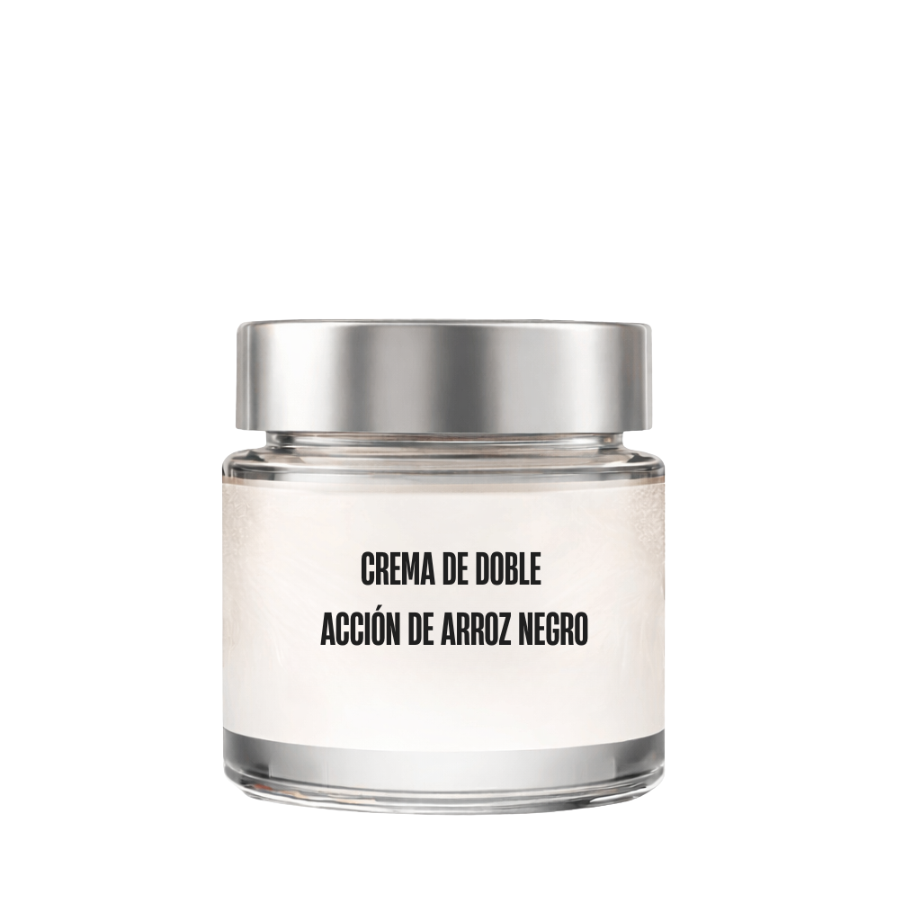 Crema premium de doble acción de arroz negro en frasco elegante para el cuidado diario de la piel.