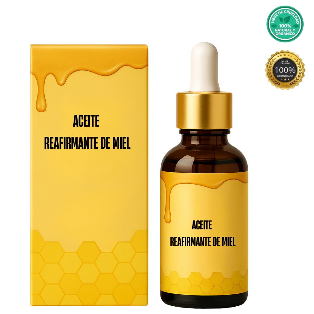 Aceite Reafirmante de Miel en frasco con gotero y caja, ideal para el cuidado intensivo de la piel.