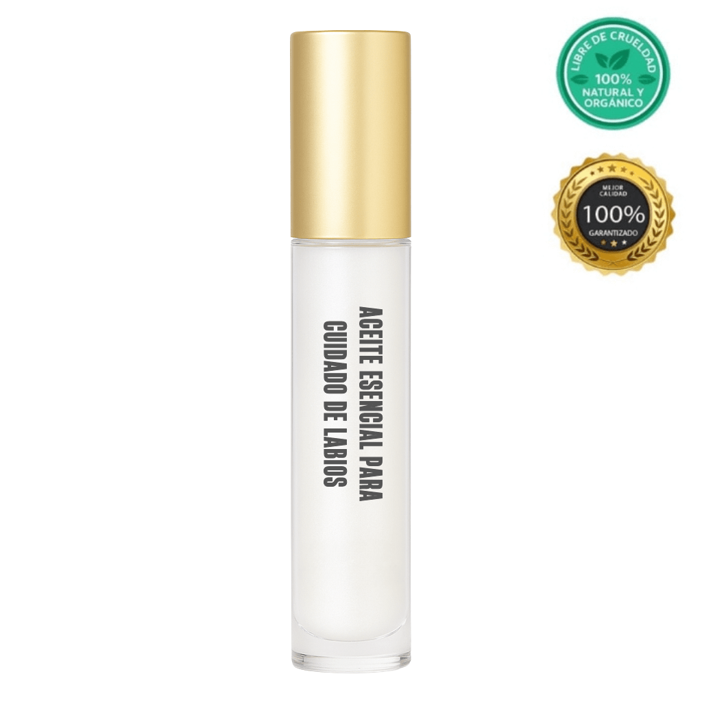 Aceite Esencial para Cuidado de Labios en envase con tapa dorada, promo de producto natural y orgánico.