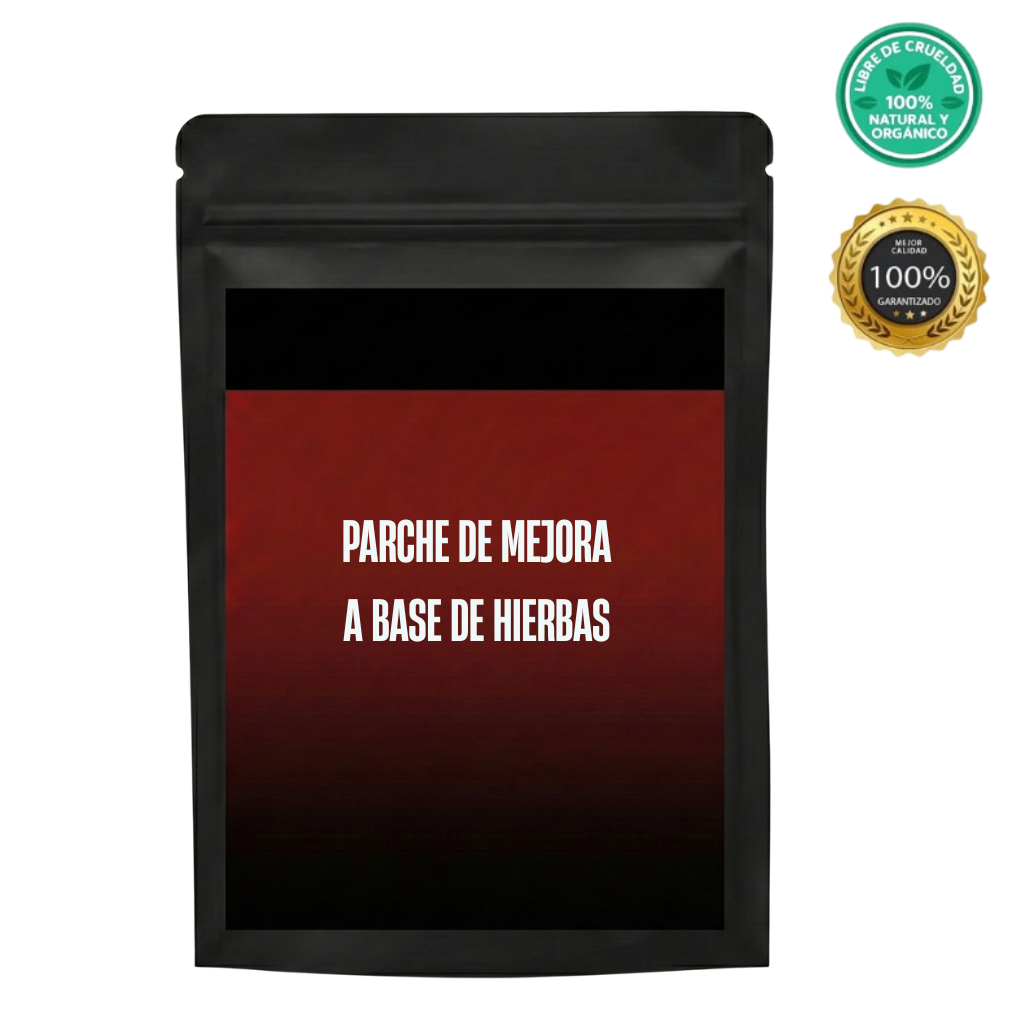 Empaque del Parche de mejora a base de hierbas, producto natural y orgánico.