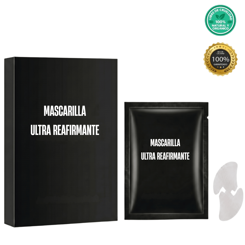 Mascarilla ultra reafirmante en empaque elegante, destacando sus propiedades reafirmantes y de cuidado facial.
