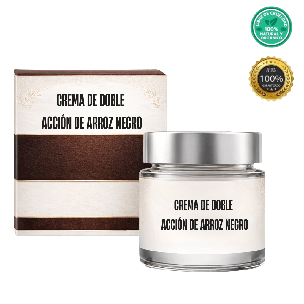 Crema premium de doble acción de arroz negro en envase elegante, ideal para un cutis suave y radiante.