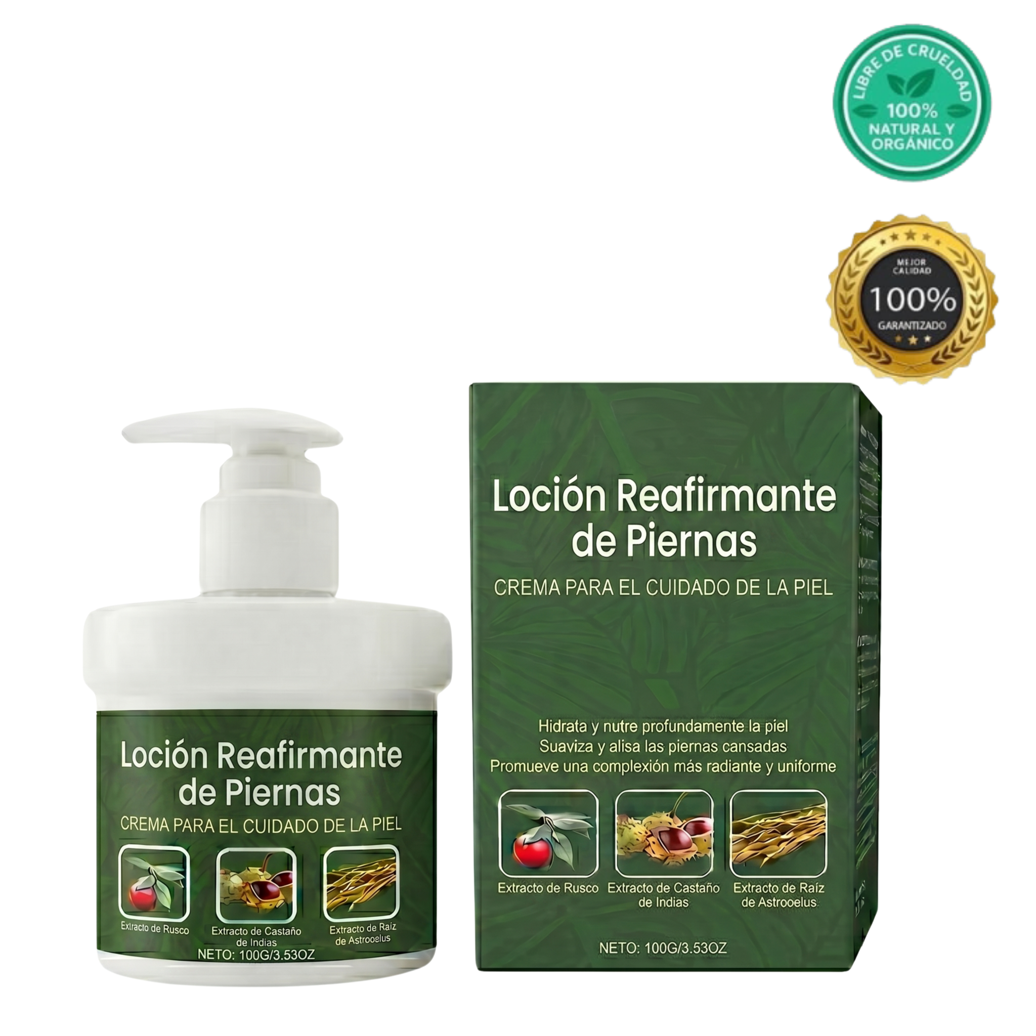 Loción Reafirmante de Piernas en frasco con dispensador y caja, ideal para una piel suave y tonificada.