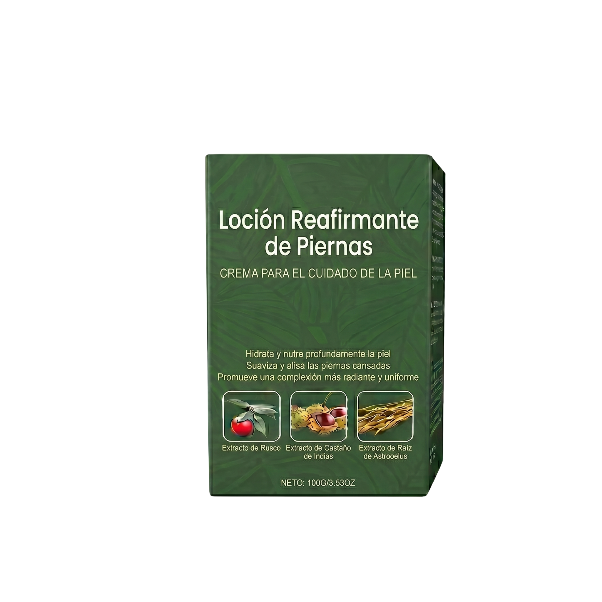 Loción Reafirmante de Piernas en empaque verde con ingredientes naturales para el cuidado de la piel.