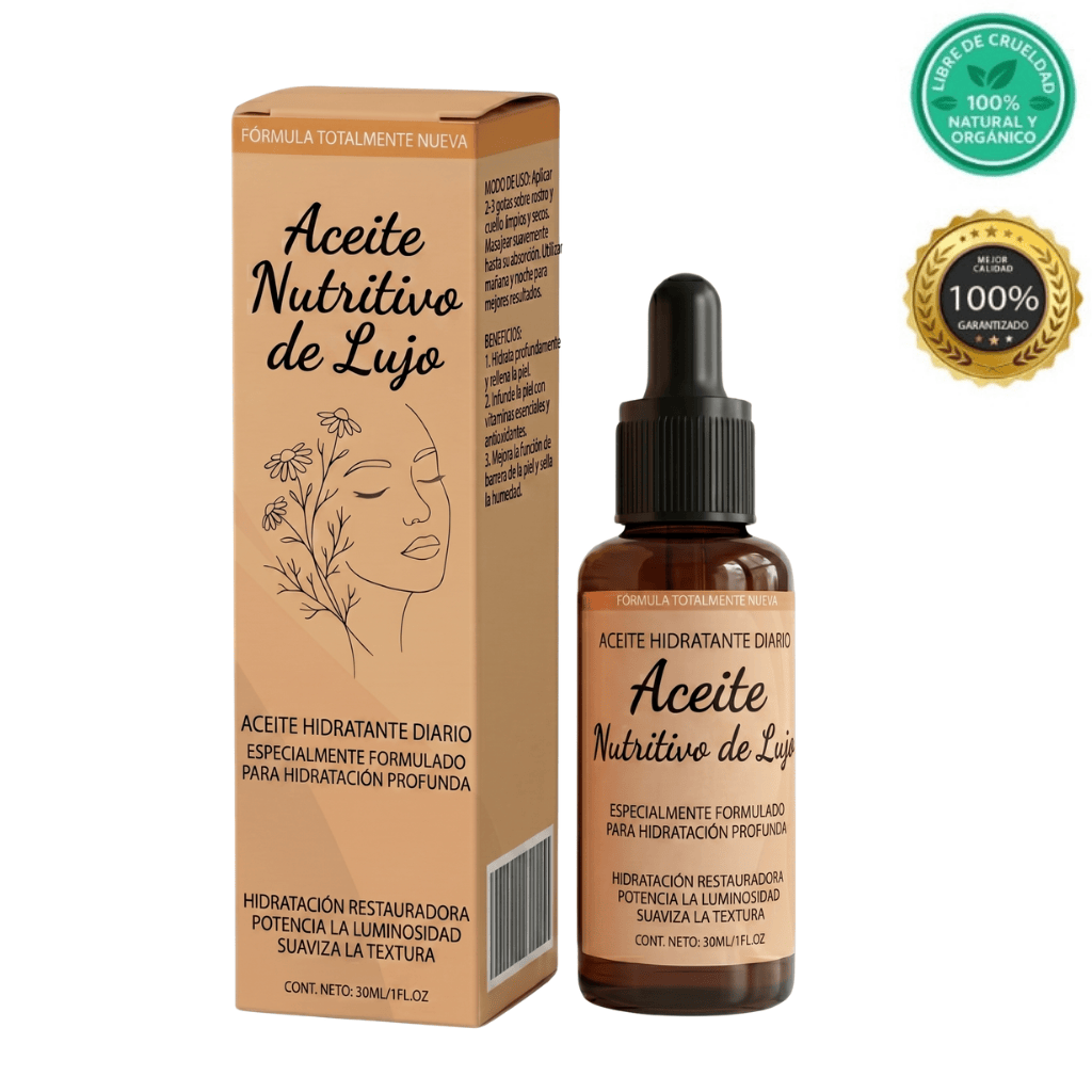 Aceite Nutritivo de Lujo en botellas con caja, ideal para hidratar y suavizar la piel.