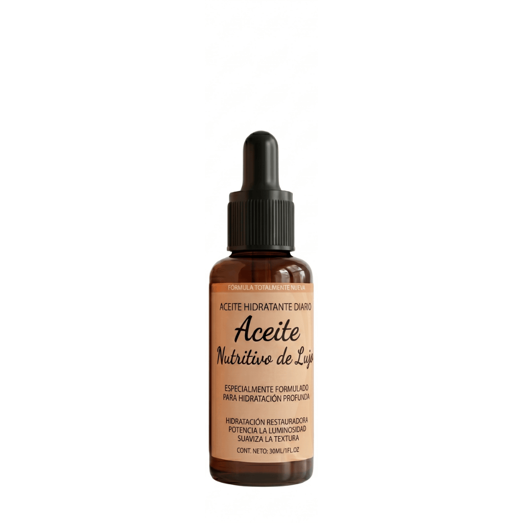 Aceite Nutritivo de Lujo en botella de vidrio, ideal para nutrir y suavizar la piel con hidratación profunda.