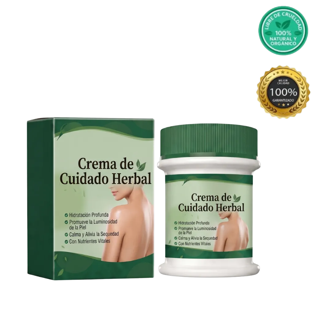 Crema de Cuidado Herbal en envase con beneficios de hidratación profunda y luminosidad para la piel.