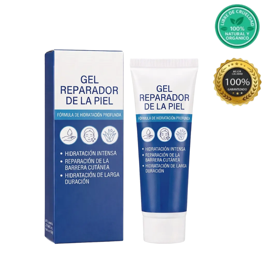 Gel Reparador De La Piel en tubo y caja, fórmula hidratante para piel suave y radiante.
