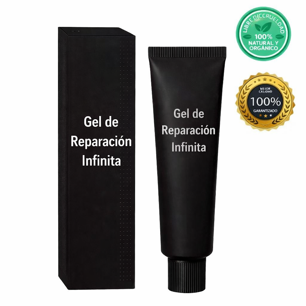 Gel de Reparación Infinita en tubo y caja, fórmula suave para dentaduras seguras y bien posicionadas.