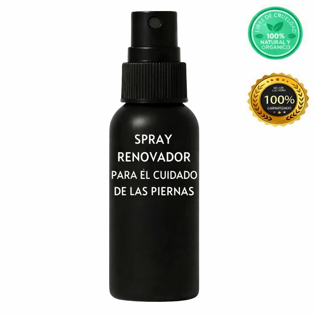 Spray Renovador para el Cuidado de las Piernas en envase negro, ideal para un acabado luminoso y uniforme.