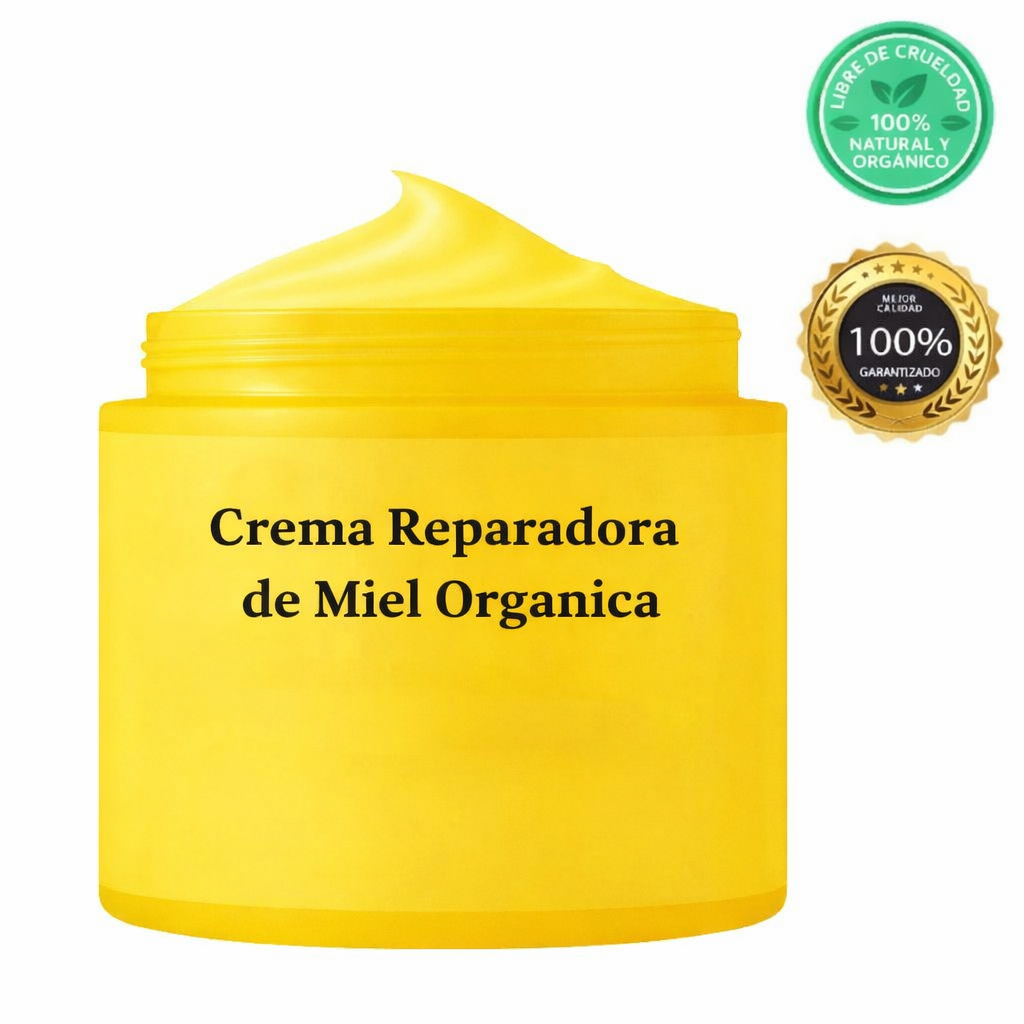 Crema Reparadora de Miel Orgánica en envase amarillo con etiqueta de garantía 100% natural y orgánico.