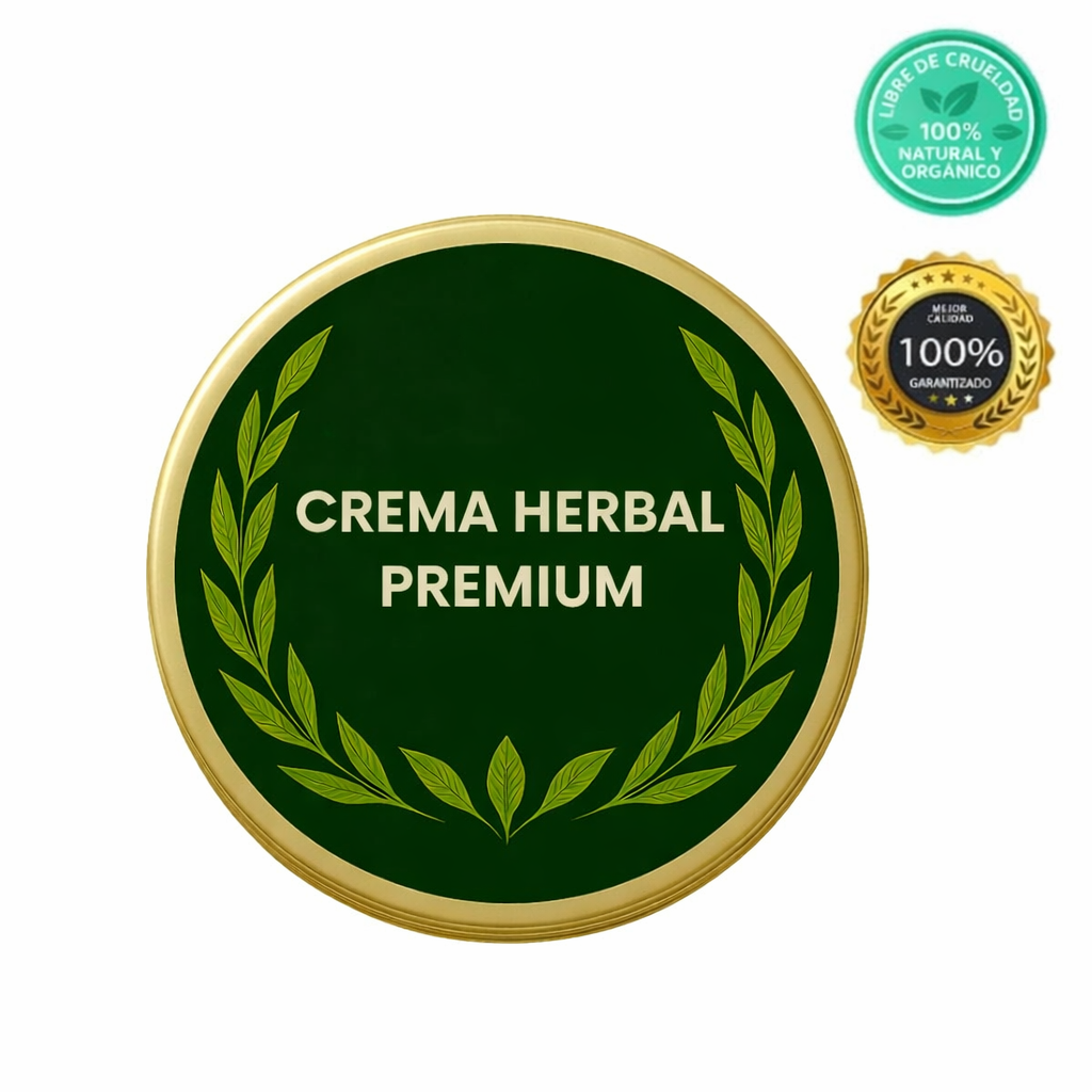 Envase de Crema Herbal Premium, crema natural y orgánica para el cuidado de la piel, con garantía al 100%.
