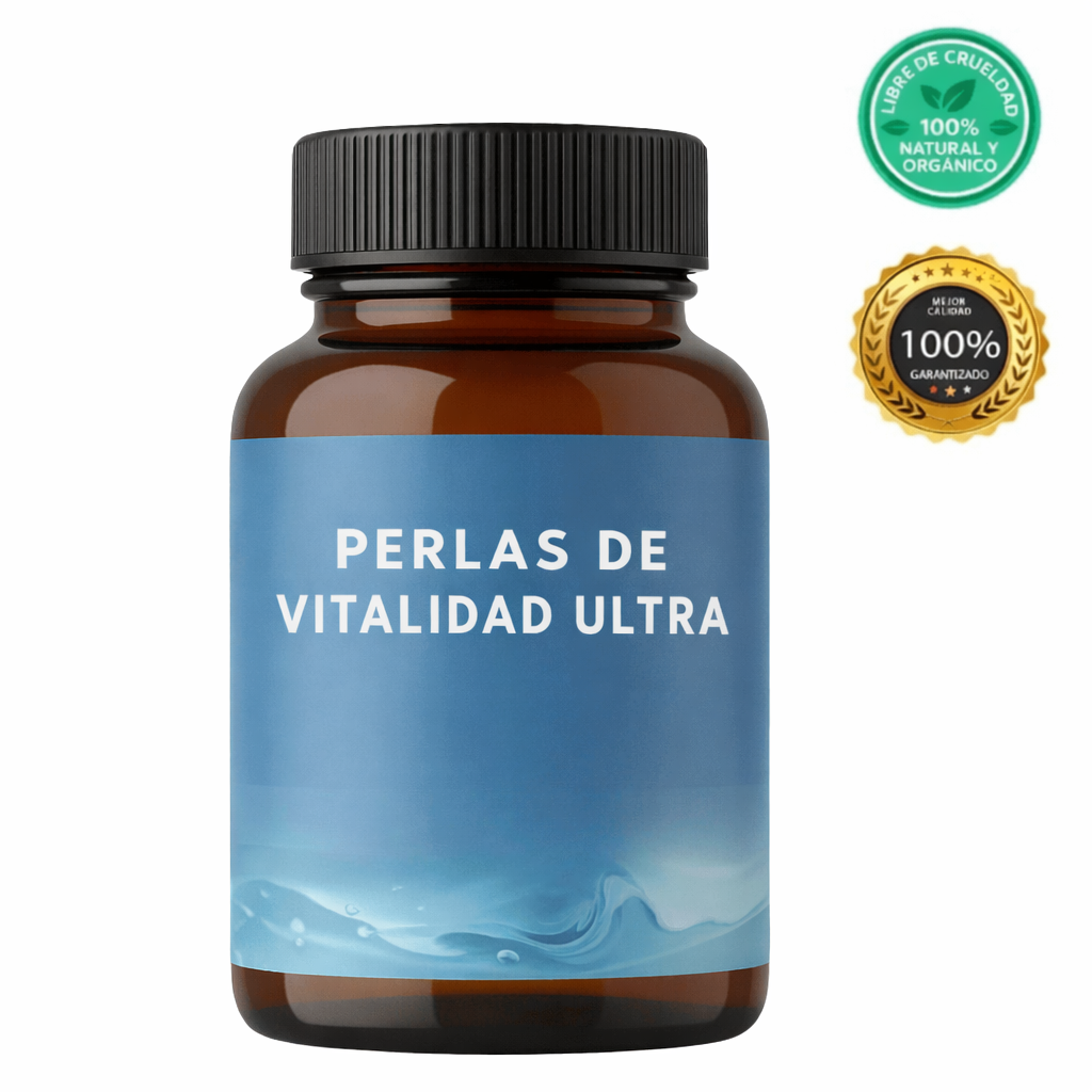Frasco de Perlas de Vitalidad Ultra, producto de cuidado de la piel, 100% natural y orgánico.