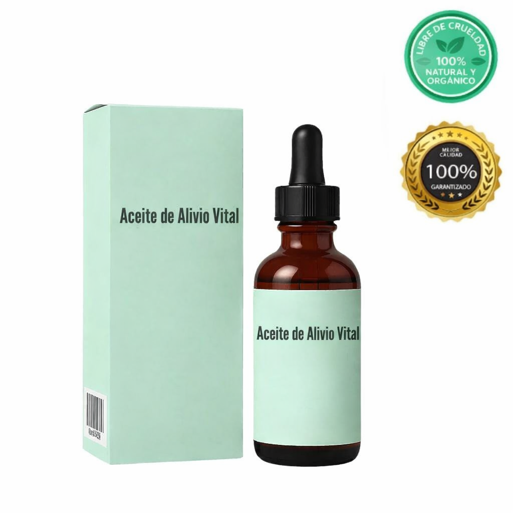 Frasco y caja del Aceite de Alivio Vital, aceite ligero para rutinas de belleza, 100% natural y orgánico.