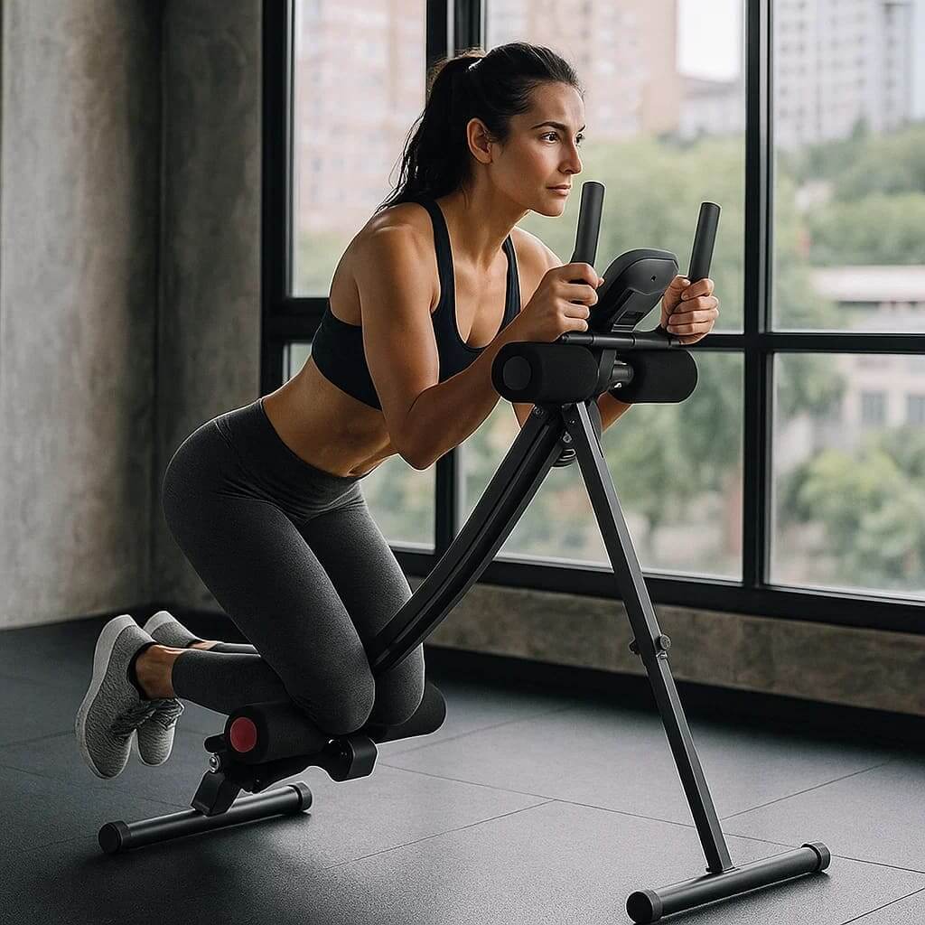 Mujer entrenando con EsencialLuz RuedaFit, rodillo abdominal para core fuerte y definido.