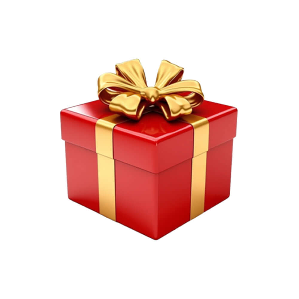 Regalo misterioso suma – caja roja con lazo dorado, ideal para belleza y bienestar.