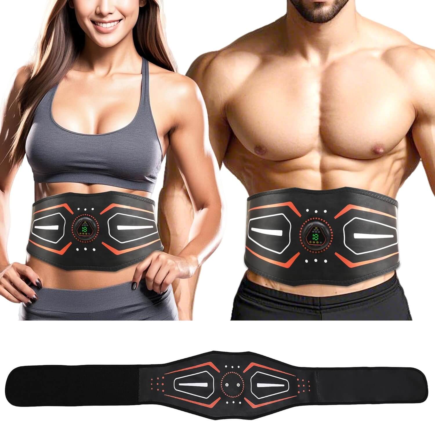 EsencialLuz Estimulador AbCore EMS en uso por pareja, mostrando la tecnología de electroestimulación muscular.