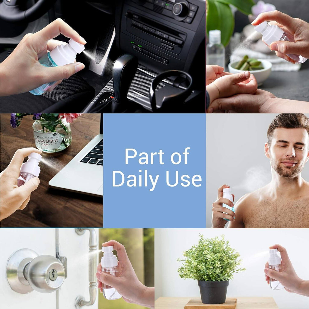 EsencialLuz – Botella Pulverizadora de Viaje Reutilizable en uso diario en coche, hogar y cuidado personal.