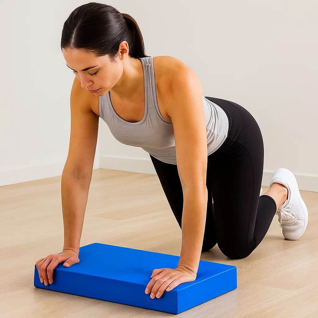 Mujer usando EsencialLuz CoreEleva en una rutina de entrenamiento de core y equilibrio.