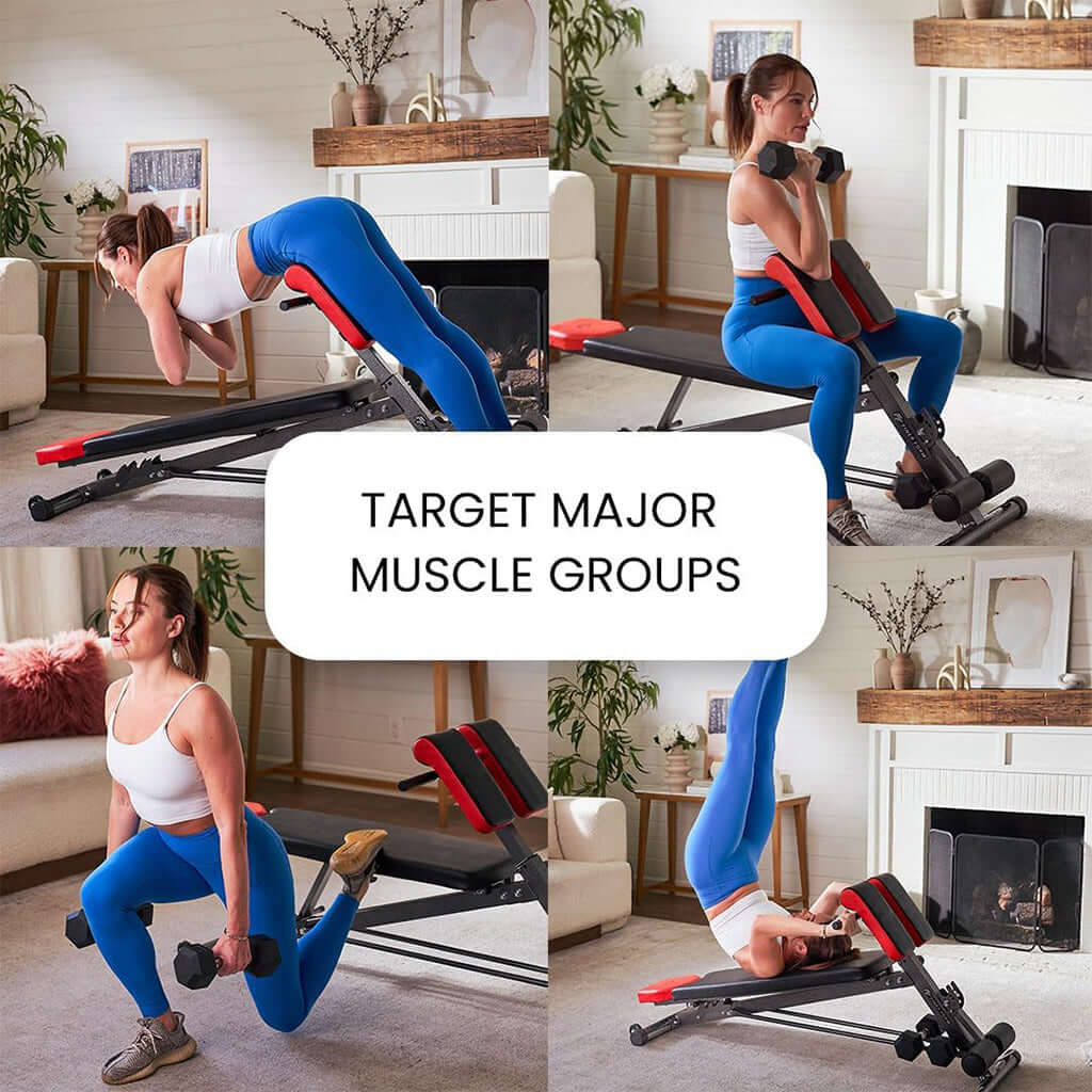 Mujer usando EsencialLuz CoreFlex Banco de Entrenamiento para ejercicios de fuerza y abdominales en casa.