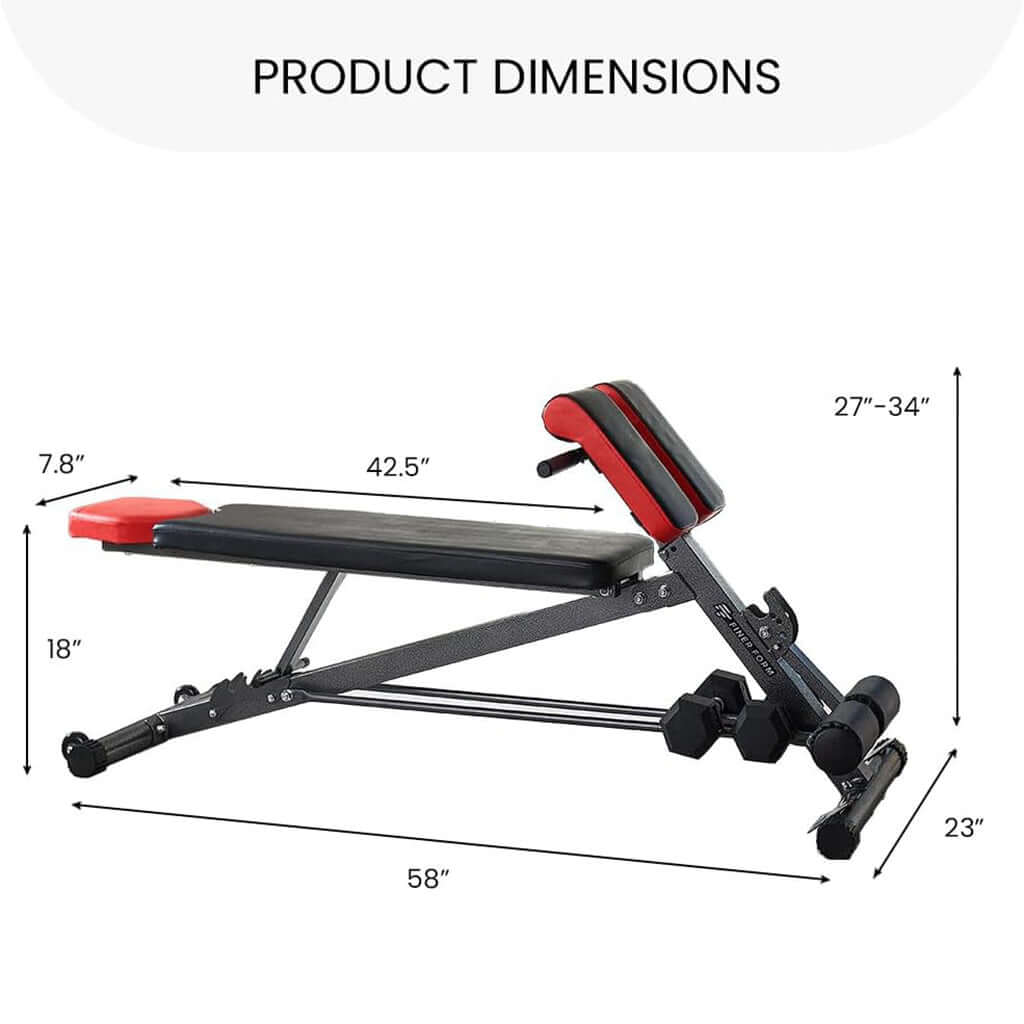 EsencialLuz CoreFlex banco de entrenamiento con dimensiones de 42.5 x 27-34 x 18 pulgadas, diseño versátil y plegable.