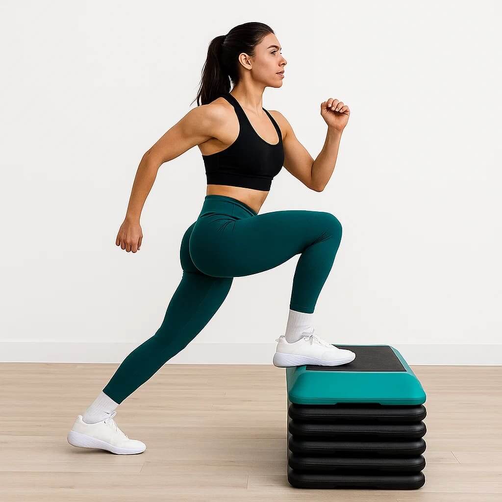 Mujer usando EsencialLuz EquilibraUp para ejercicios funcionales y entrenamiento de equilibrio.
