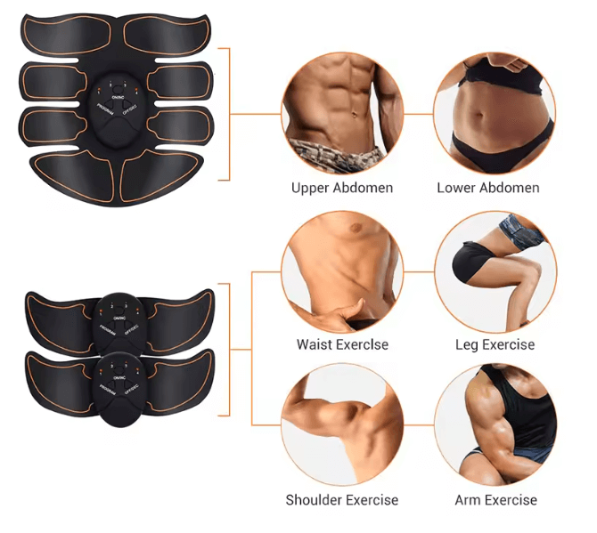 EsencialLuz Estimulador Muscular EMS Inalámbrico para Abdomen y Glúteos con diagramas de ejercicios.