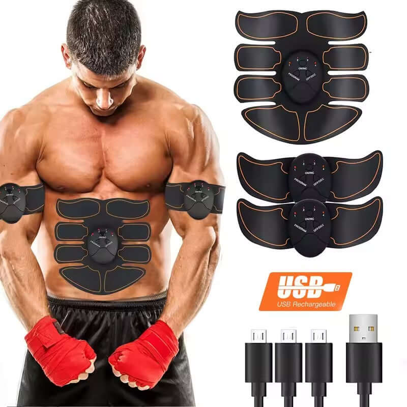 EsencialLuz Estimulador Muscular EMS Inalámbrico para Abdomen y Glúteos en acción, mostrando el dispositivo en uso en un atleta.