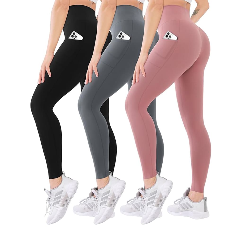 EsencialLuz FitForma: Leggings Moldeadores de Cintura Alta en negro, gris y rosa con bolsillos para mayor comodidad.