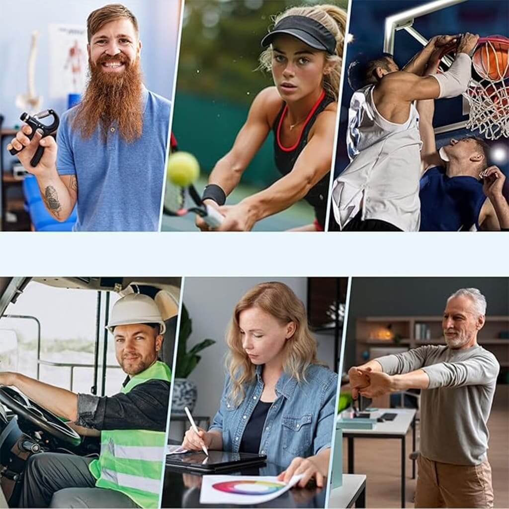 EsencialLuz GripFlex strengthening grip device used by various individuals in sports and daily activities.